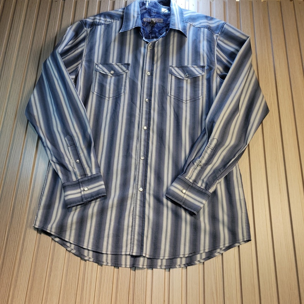 Blue Pronto Uomo Mens Large Pearl Snap Western Stripe Long Sleeve Shirt L